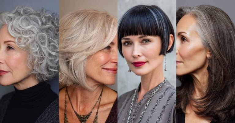Collage of low-maintenance hairstyles for women over 40: pixie, bob, lob and curly cuts