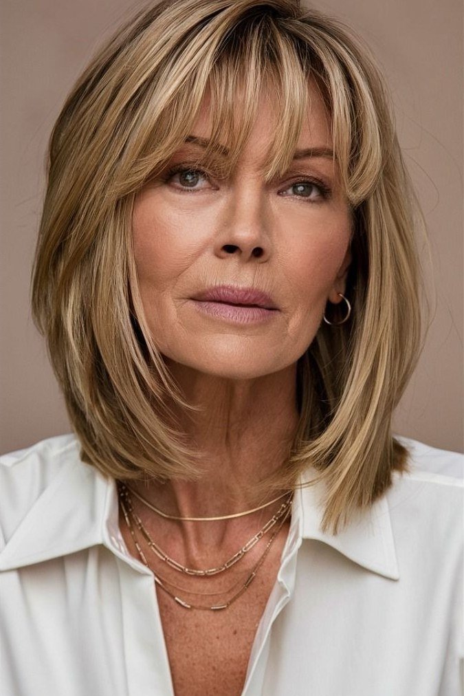 Honey Blonde Lob with Bangs