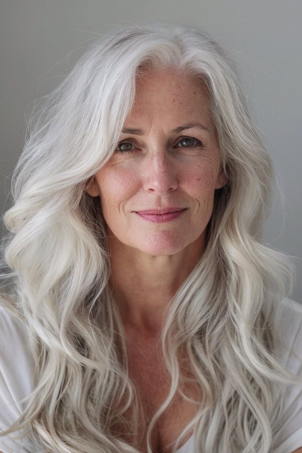 Soft Silver Wavy Layers - long hairstyle for women over 60 with thin hair (long white-grey wavy layers, front view, silver-grey color)