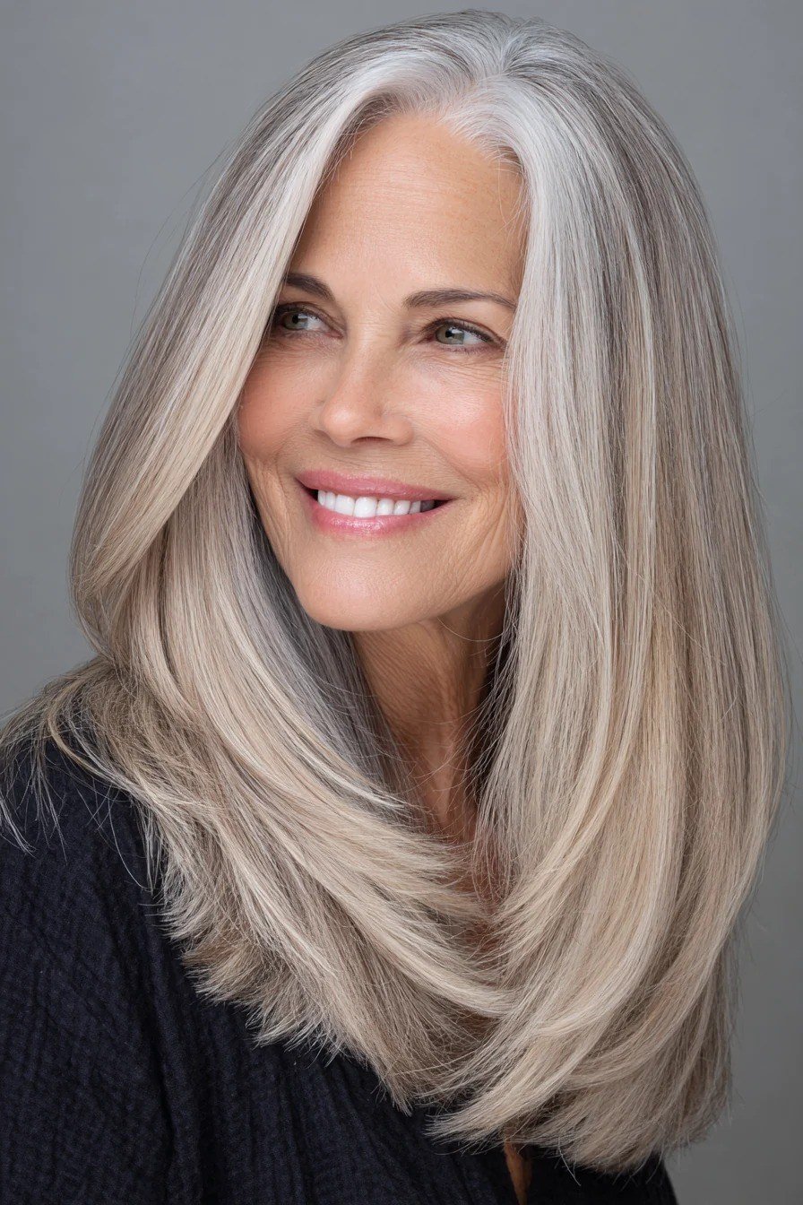 Sleek Straight Silver Layers - long hairstyle for women over 60 with thin hair (long straight silver layers, front view, sleek silver)