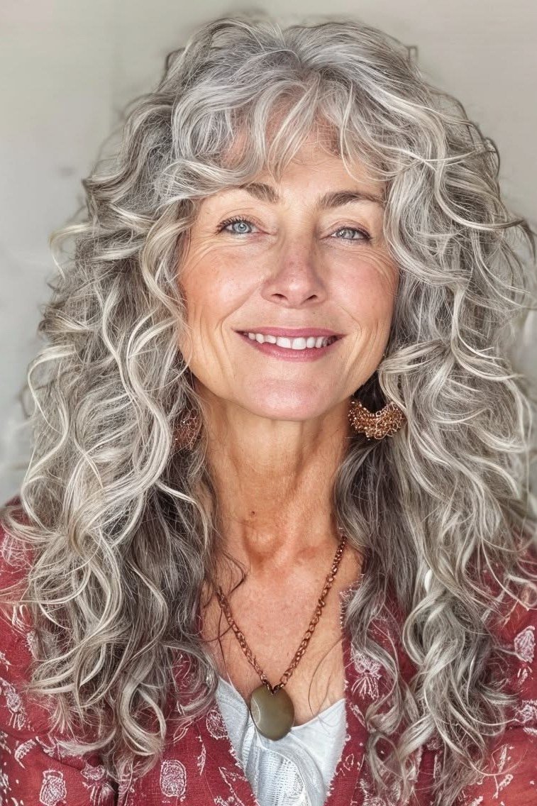 Voluminous Grey Curly Layers - long hairstyle for women over 60 with thin hair (long voluminous curly grey, front view, tight curls)