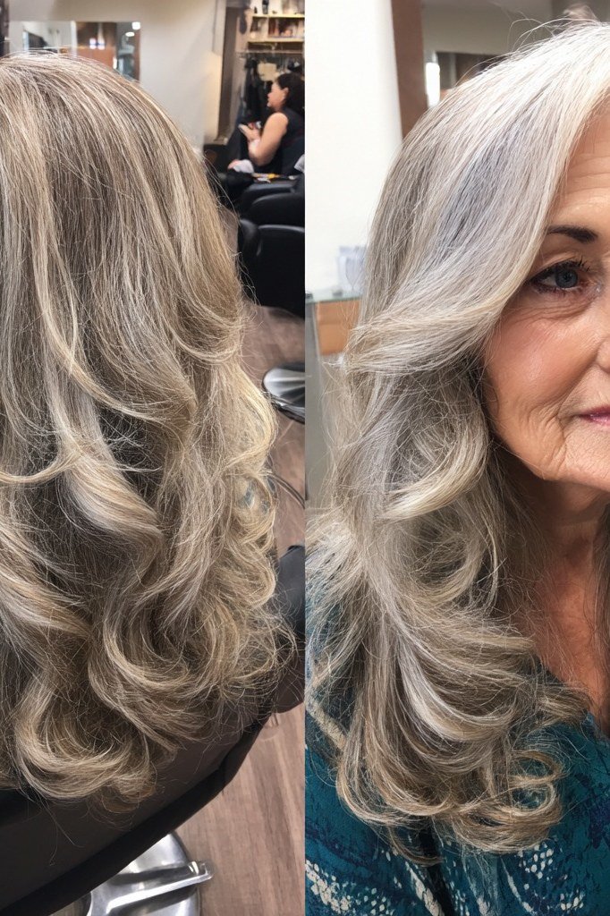 Silver Blowout, Front and Back - long hairstyle for women over 60 with thin hair (diptych front and back of silver blowout, front angle dominant, salon)