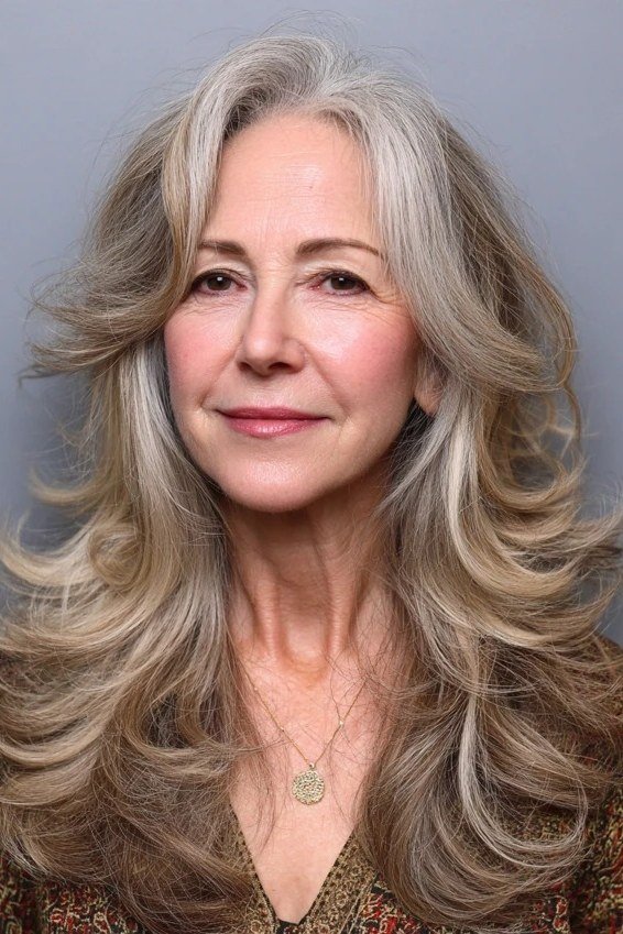 Ash-Blonde Blowout Layers - long hairstyle for women over 60 with thin hair (long ash-blonde blowout layers, front view)