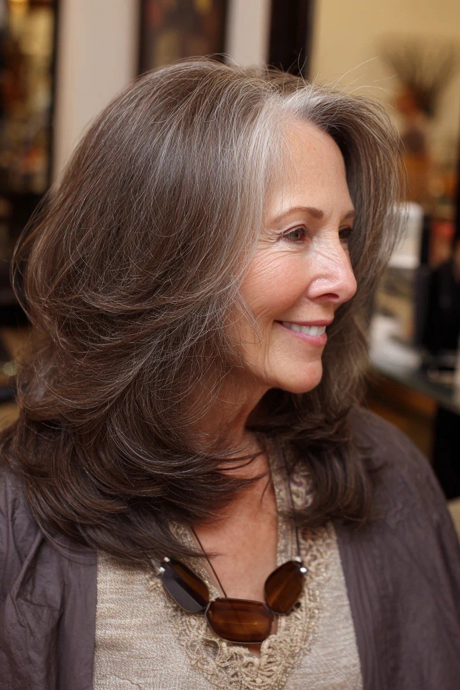 Grey-Brown Layered Side Sweep - long hairstyle for women over 60 with thin hair (grey-brown layered long hair, side view, side part)