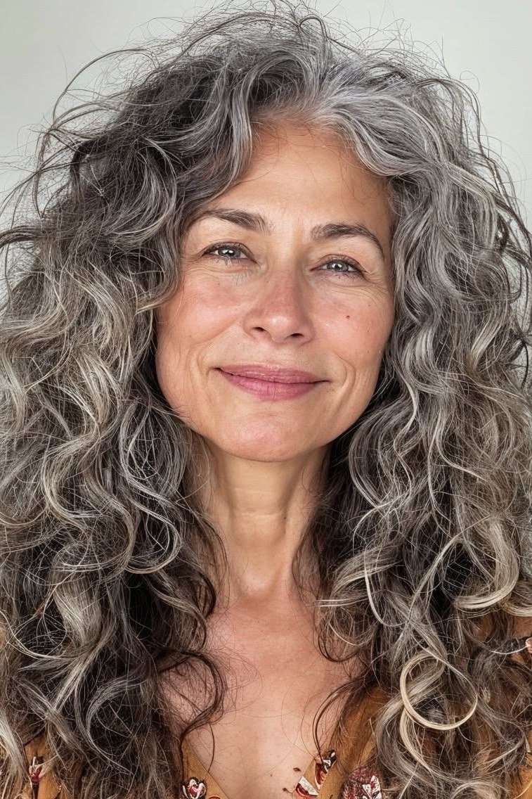 Big Silver-Grey Curls - long hairstyle for women over 60 with thin hair (curly silver-grey voluminous long, front view)