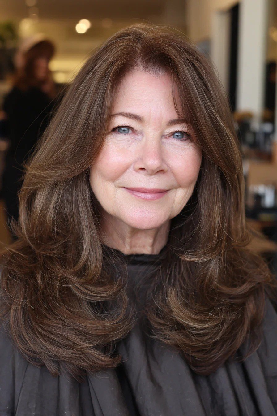 Chocolate Brown Salon Layers - long hairstyle for women over 60 with thin hair (chocolate brown long layers, front view, salon lighting)