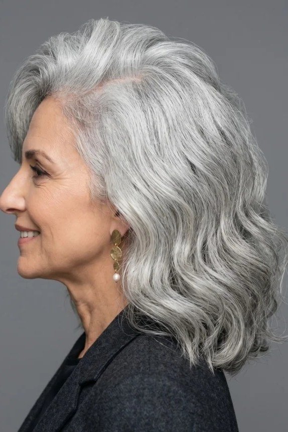 Sleek Silver Side Profile - long hairstyle for women over 60 with thin hair (sleek silver blowout, side profile, smooth silver)