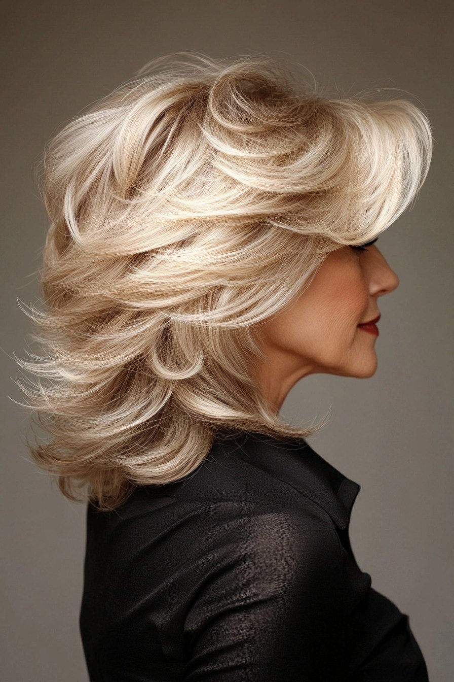 Retro Flicked Blonde Layers - long hairstyle for women over 60 with thin hair (blonde retro flicked layers, side profile, flipped ends)