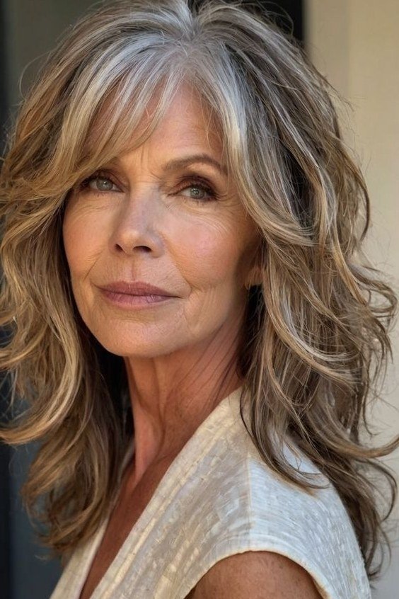 Grey-Blonde Face Framers - long hairstyle for women over 60 with thin hair (grey-blonde face-framing layers, front view)
