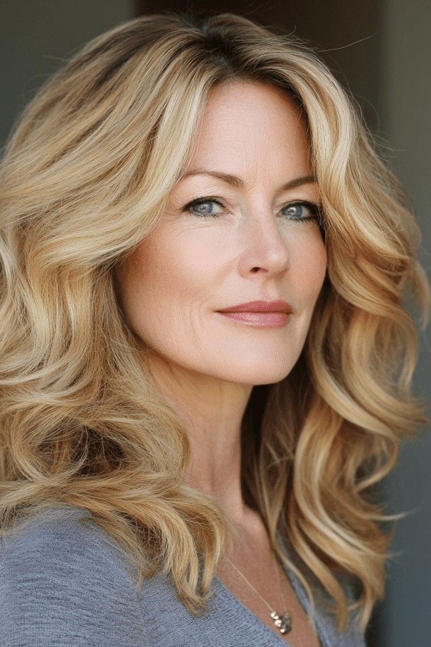 Honey Blonde Soft Waves - long hairstyle for women over 60 with thin hair (honey blonde soft waves, front view, warm honey tone)
