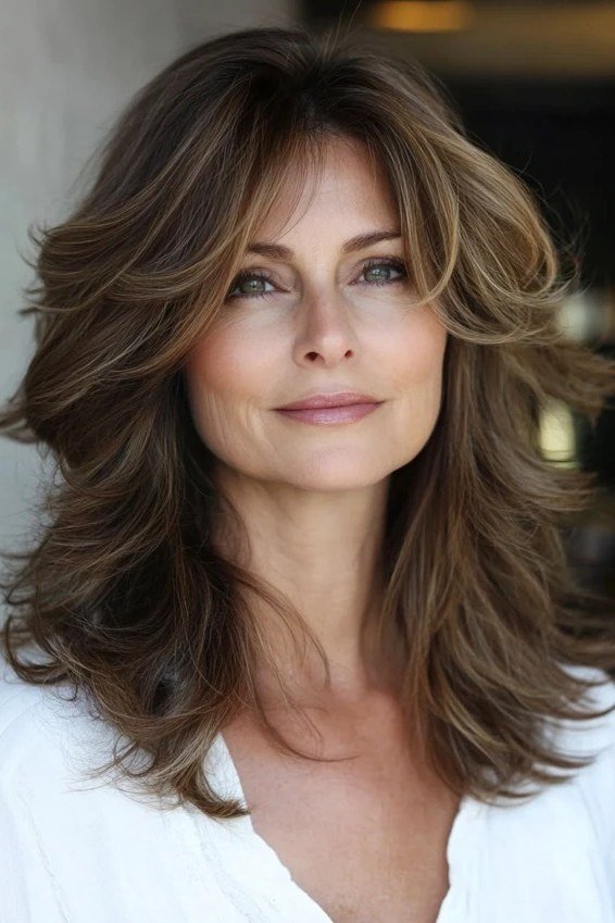 Brunette Layers with Curtain Bangs - long hairstyle for women over 60 with thin hair (brunette layered blowout with curtain bangs, front view)