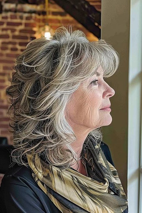 Silver-Grey Shaggy Layers - long hairstyle for women over 60 with thin hair (silver-grey shaggy layered long, side view)