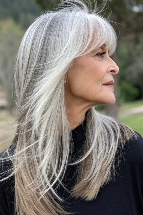 Silver Sleek Side Profile - long hairstyle for women over 60 with thin hair (long straight silver hair, side profile, sleek)