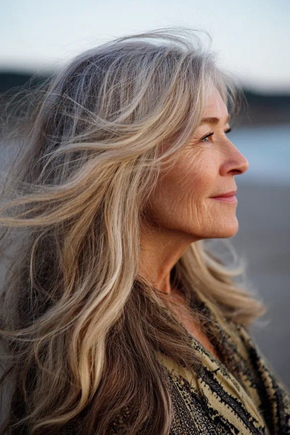 Windblown Silver-Blonde Layers - long hairstyle for women over 60 with thin hair (windblown silver-blonde long hair, side view, older woman outdoors)