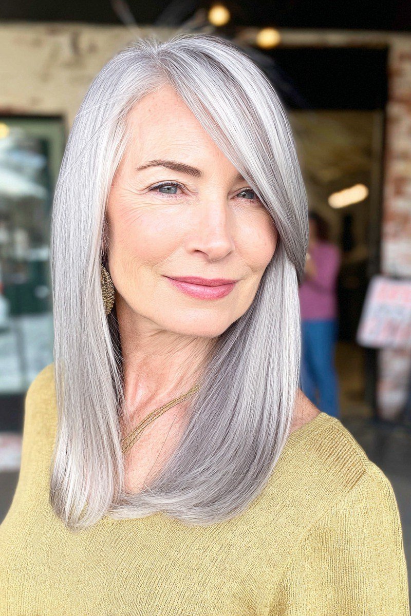 Shining Silver Straight Layers - long hairstyle for women over 60 with thin hair (sleek silver long hair, front view, smooth straight)