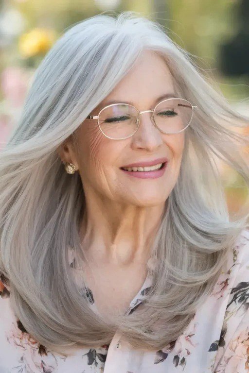 Silver Layers with Glasses - long hairstyle for women over 60 with thin hair (long silver hair with glasses, front view, smiling)