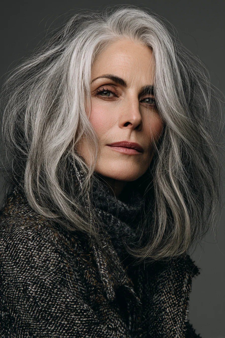 Soft Silver Layered Cut - long hairstyle for women over 60 with thin hair (silver layered medium-long hair, front view)