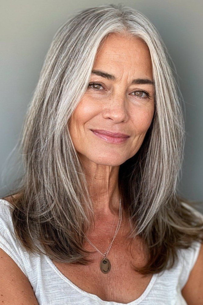 Soft Silver Layered Medium Cut - long hairstyle for women over 60 with thin hair (medium silver layered hair, front view)