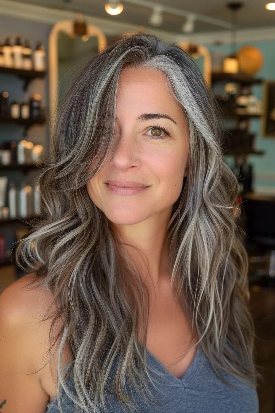 Silver Salon Waves - long hairstyle for women over 60 with thin hair (silver wavy long hair, front view, salon fresh)