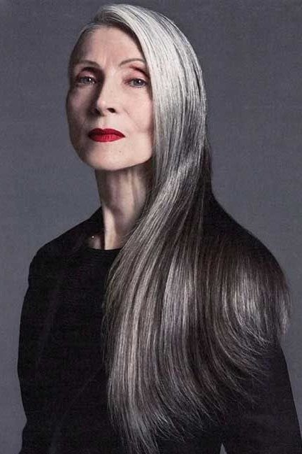 Dark Grey Sleek Length - long hairstyle for women over 60 with thin hair (long dark grey straight hair, front view)