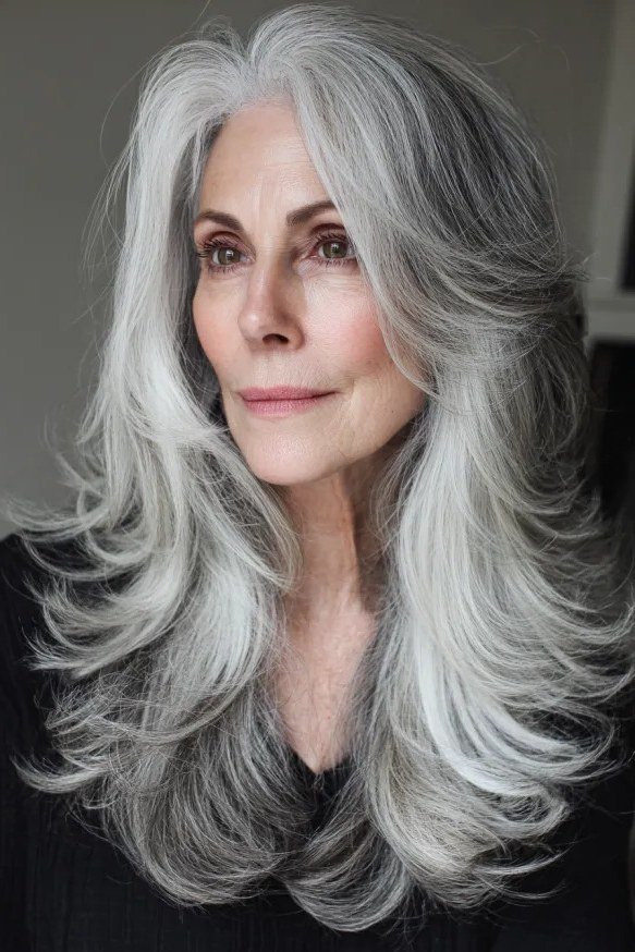 Classic Silver Layers - long hairstyle for women over 60 with thin hair (silver layered long hair, front view, soft volume)