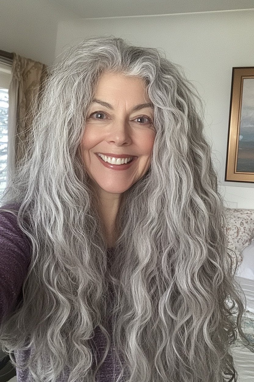 Long Grey Curls - long hairstyle for women over 60 with thin hair (long grey curly hair, front view, natural texture)