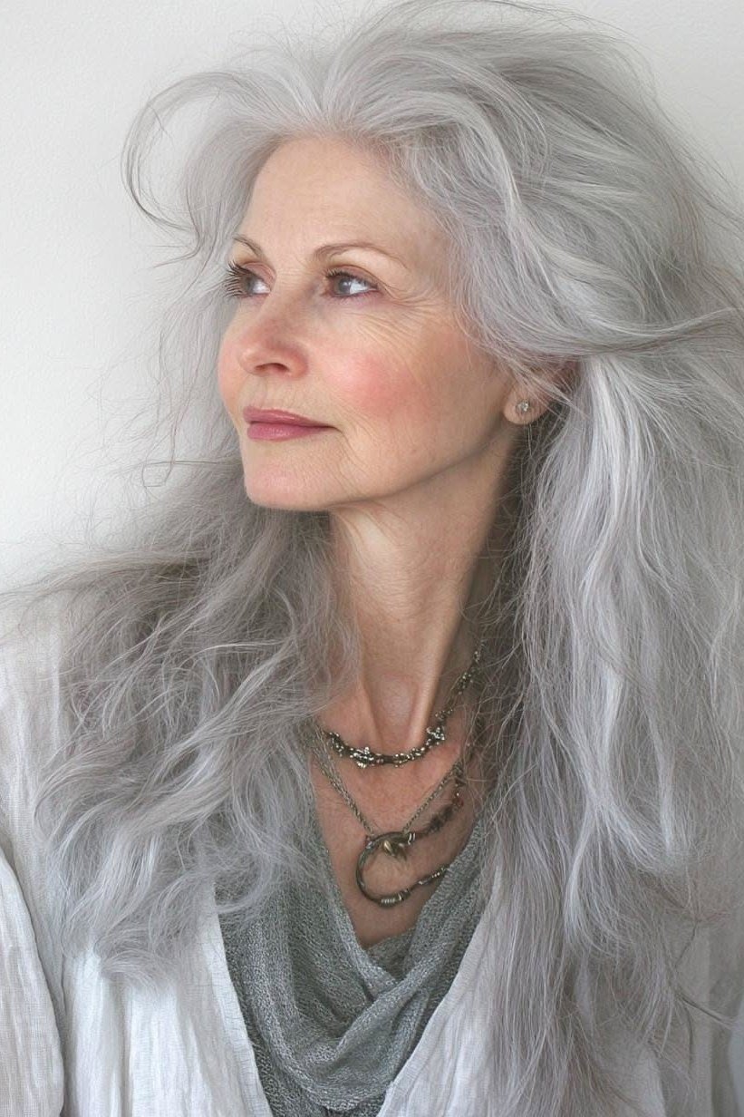 White Wavy Layers - long hairstyle for women over 60 with thin hair (long white wavy hair, three-quarter view)