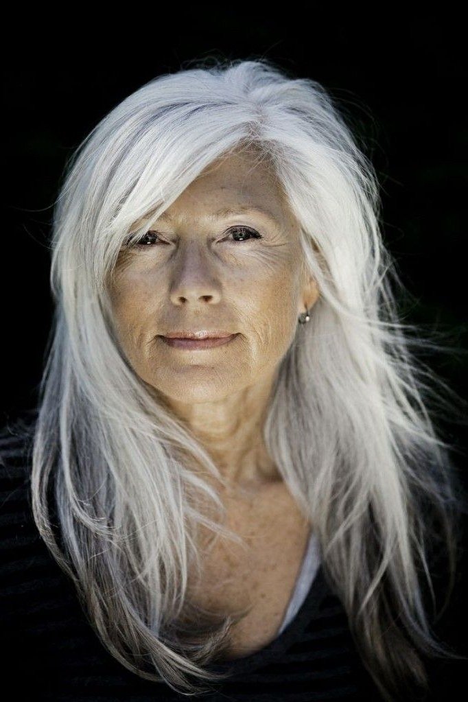 Pure White Straight Length - long hairstyle for women over 60 with thin hair (white straight long hair, front view, sleek white)