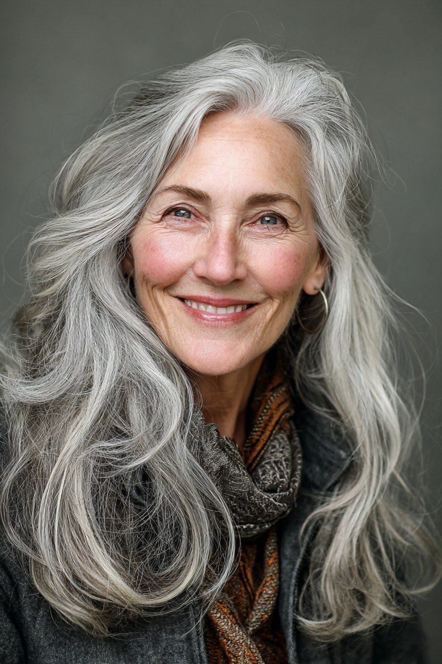 Silver Waves with a Scarf - long hairstyle for women over 60 with thin hair (silver wavy long hair, front view, scarf accent)