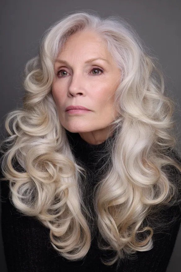 White Defined Curls - long hairstyle for women over 60 with thin hair (white curly long hair, front view, defined curls)