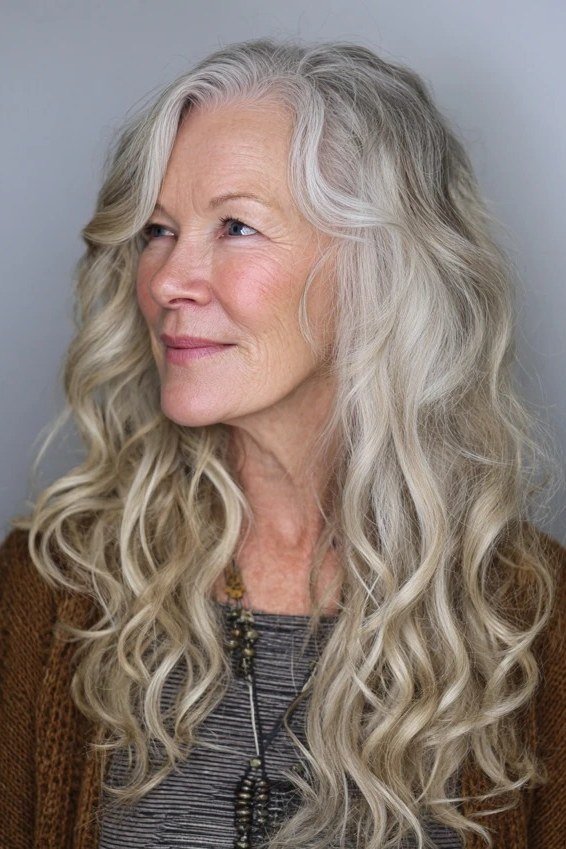 Silver Wavy Layers with Movement - long hairstyle for women over 60 with thin hair (silver wavy medium-long hair, three-quarter view)