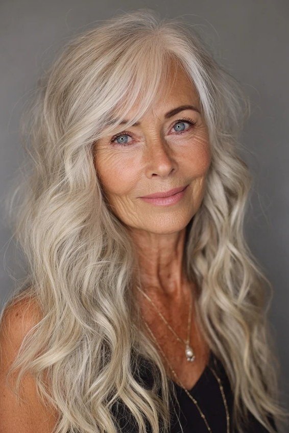Blonde Wavy Length - long hairstyle for women over 60 with thin hair (blonde wavy long hair, front view)