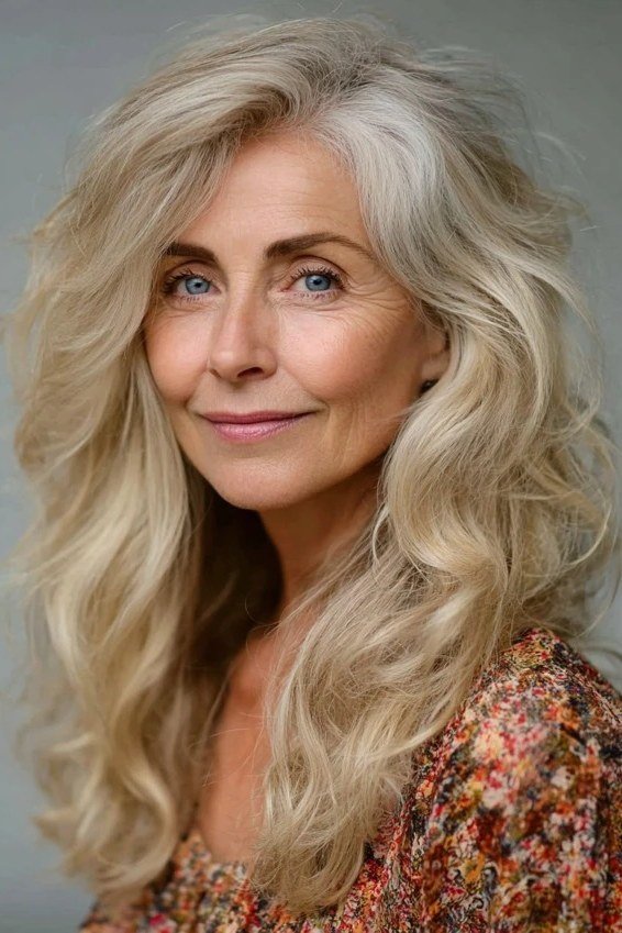 Blonde Soft Layers - long hairstyle for women over 60 with thin hair (blonde layered long hair, front view, soft layers)
