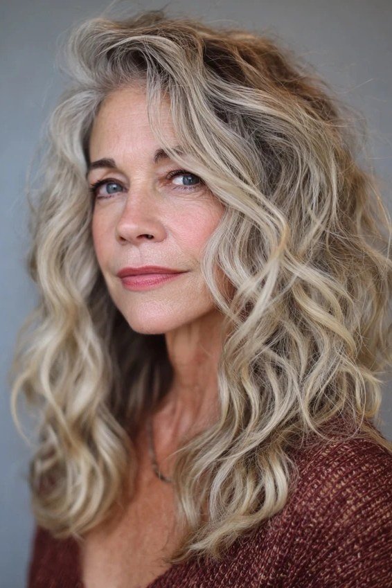 Ash-Blonde Curly Layers - long hairstyle for women over 60 with thin hair (ash-blonde curly medium-long hair, front view)