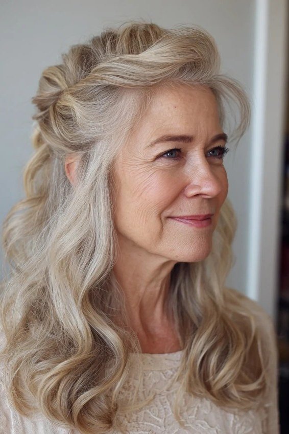 Blonde Half-Up Curls - long hairstyle for women over 60 with thin hair (blonde half-up long curls, three-quarter view, pinned top)