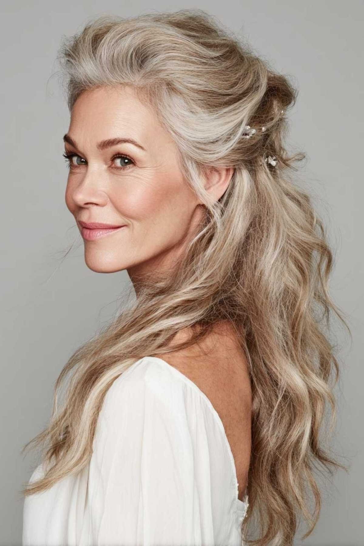 Silver Half-Up Sweep - long hairstyle for women over 60 with thin hair (silver half-up long hair, side view, swept back top)