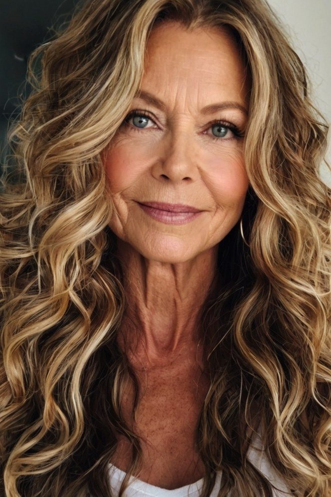 Rich Brunette Waves - long hairstyle for women over 60 with thin hair (dark brown wavy long hair, front view, rich brunette)