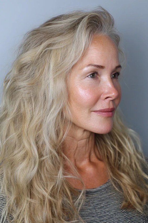 Blonde Side Waves - long hairstyle for women over 60 with thin hair (blonde wavy long hair, side view)