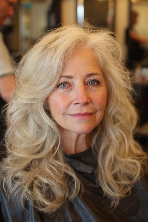 Voluminous Blonde Salon Layers - long hairstyle for women over 60 with thin hair (blonde voluminous long hair, front view, salon blowout)