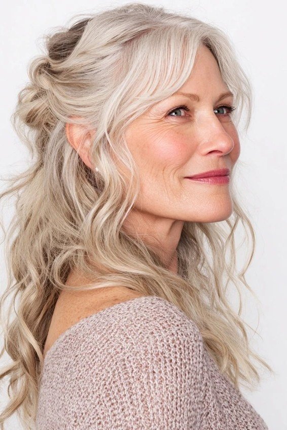 White Half-Up Waves - long hairstyle for women over 60 with thin hair (white half-up wavy long hair, side view, pinned crown)