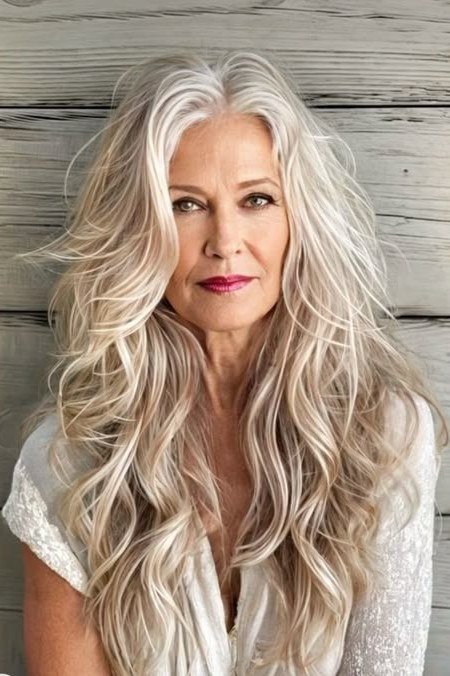 Silver Straight Length - long hairstyle for women over 60 with thin hair (silver straight long hair, front view, sleek)