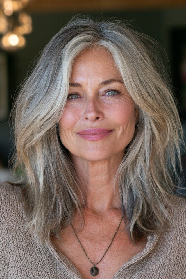 Steel Grey Straight Layers - long hairstyle for women over 60 with thin hair (silver-grey straight medium-long hair, front view)