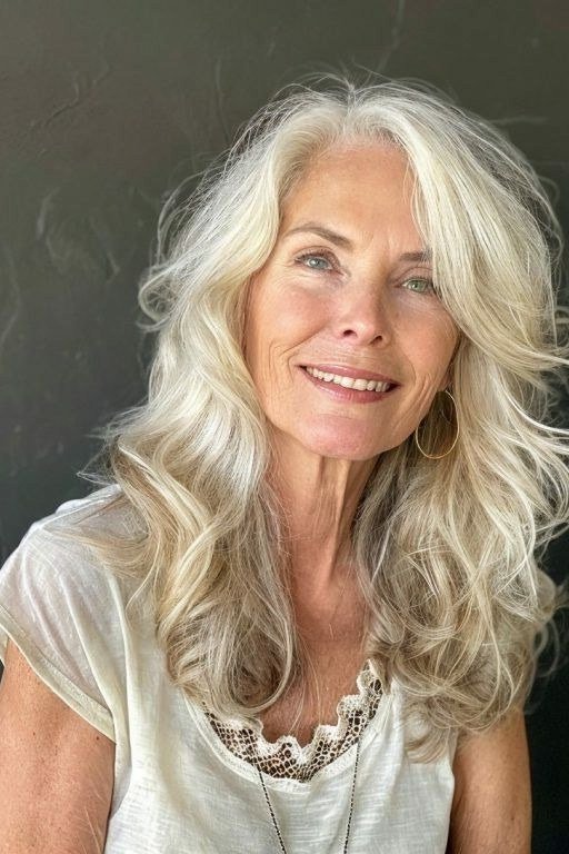 White Soft Wavy Layers - long hairstyle for women over 60 with thin hair (white wavy long hair, front view)