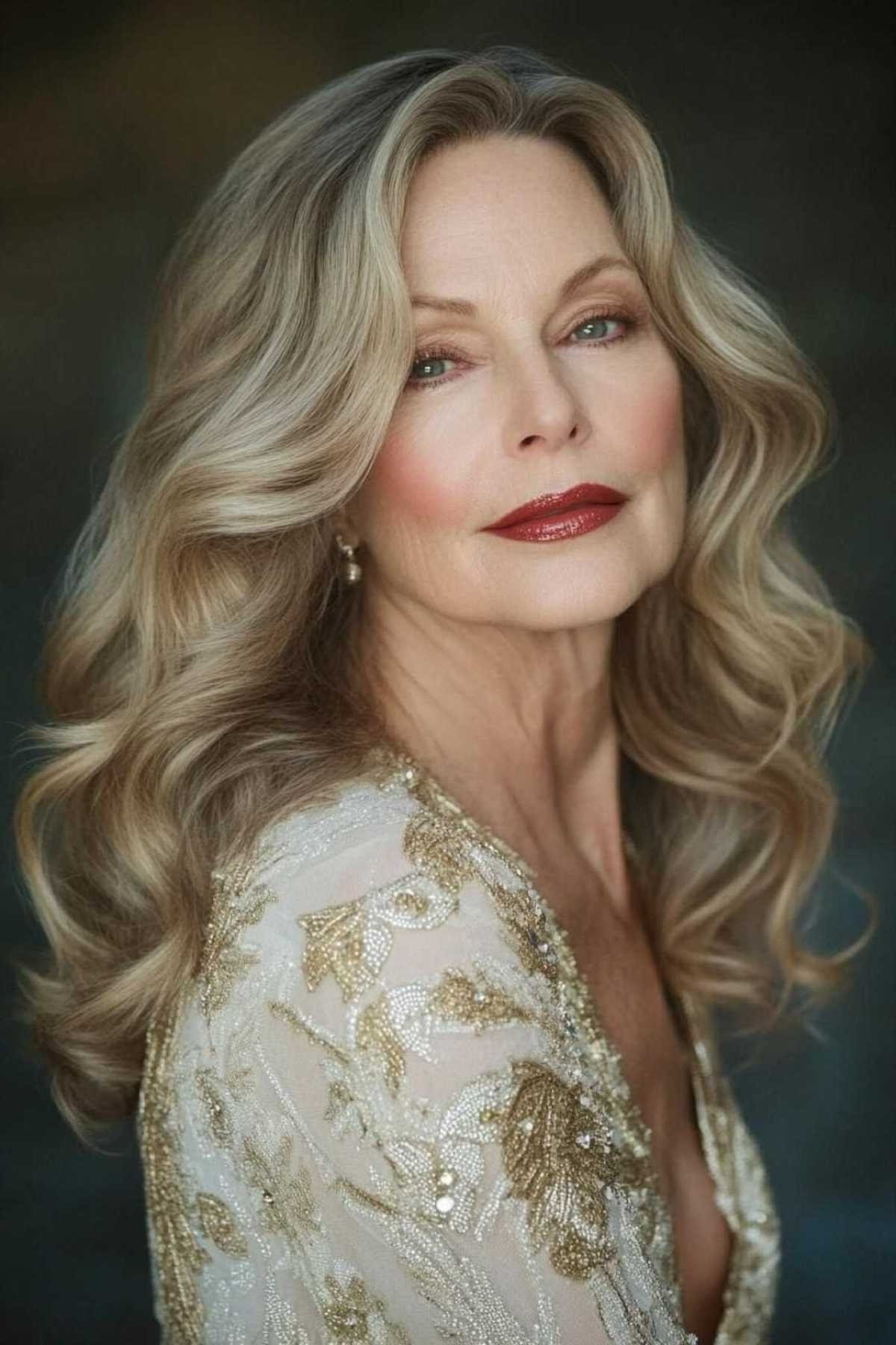 Warm Golden Blonde Waves - long hairstyle for women over 60 with thin hair (blonde wavy long hair, front view, warm blonde)