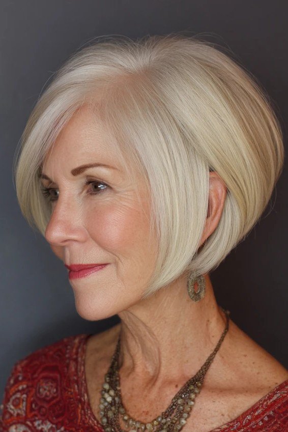 Inverted Platinum Bob hairstyle for women over 60 - inverted platinum bob, side profile
