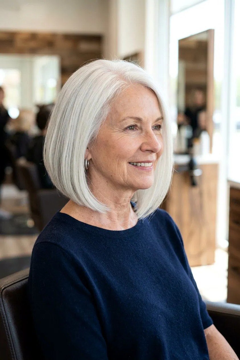 Bright White Salon Bob hairstyle for women over 60 - white medium bob, salon portrait