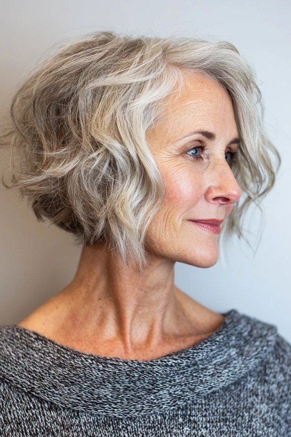 Tousled Wavy Gray Chin Bob hairstyle for women over 60 - wavy gray chin bob, side profile