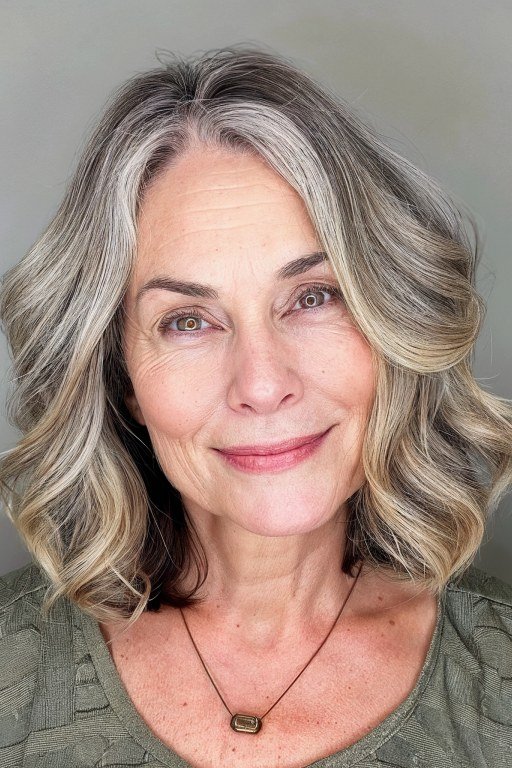 Silver Balayage Lob hairstyle for women over 60 - silver balayage lob, front view