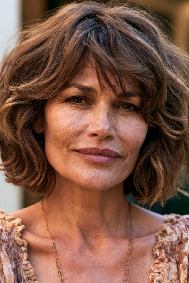 Wavy Brunette Bob With Bangs hairstyle for women over 60 - wavy brown chin bob, front view