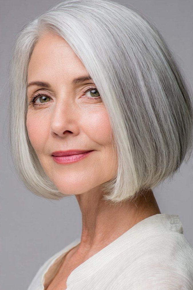 Bright White Blunt Bob hairstyle for women over 60 - straight white bob, front view